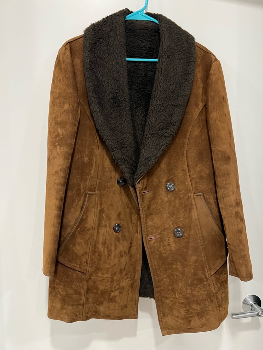 Women’s Brown Suede Double-Breasted Coat with Faux Sherpa Collar